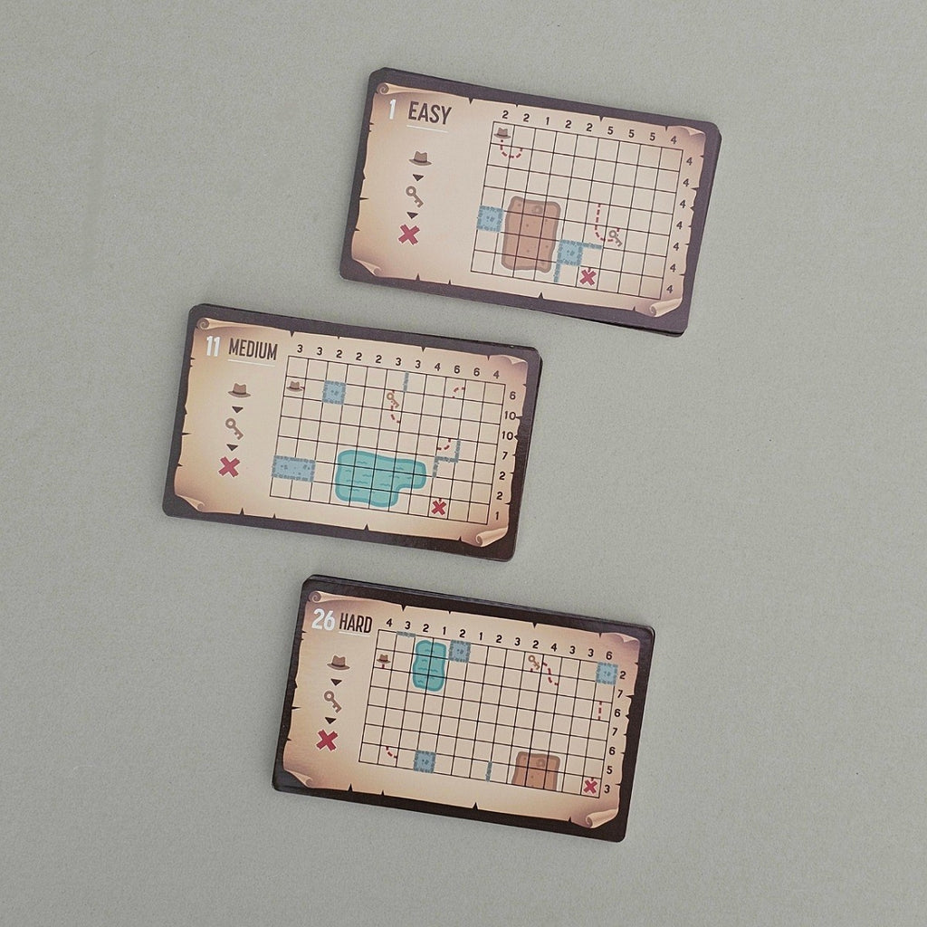 Three grid-based puzzle cards labeled 'Easy', 'Medium', and 'Hard' on a grey background.