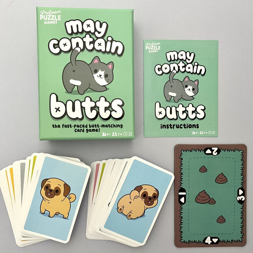 The 'May Contain Butts' card game set by Dr. Squirrel Puzzle Games, showing the mint green box, the instruction booklet, and several cards featuring cartoon pug illustrations on a light grey background.