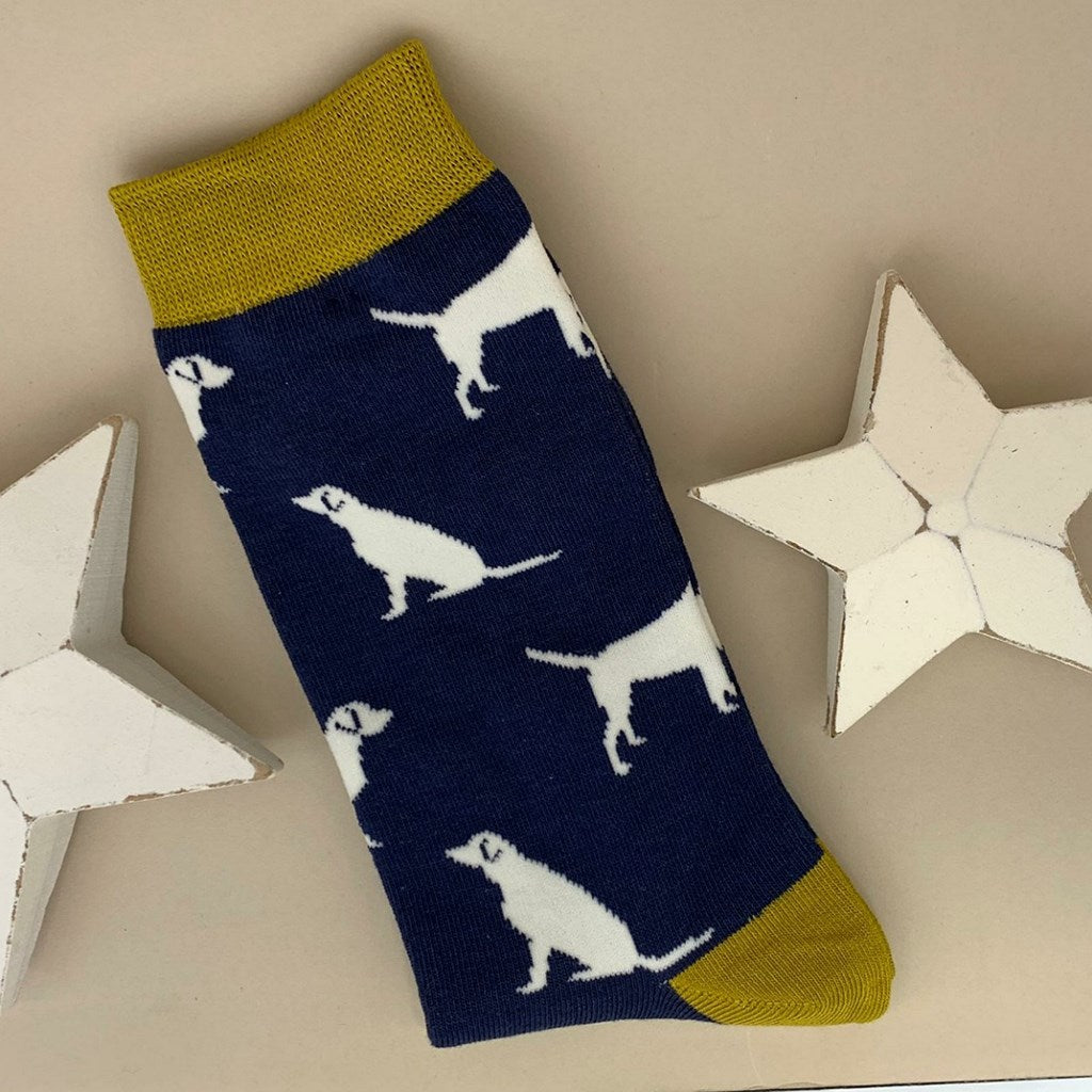 A single navy blue sock with an all-over  pattern of light coloured labradors.  Yellow ribbed cuffs and heels, styled on a light grey surface with white star props.
