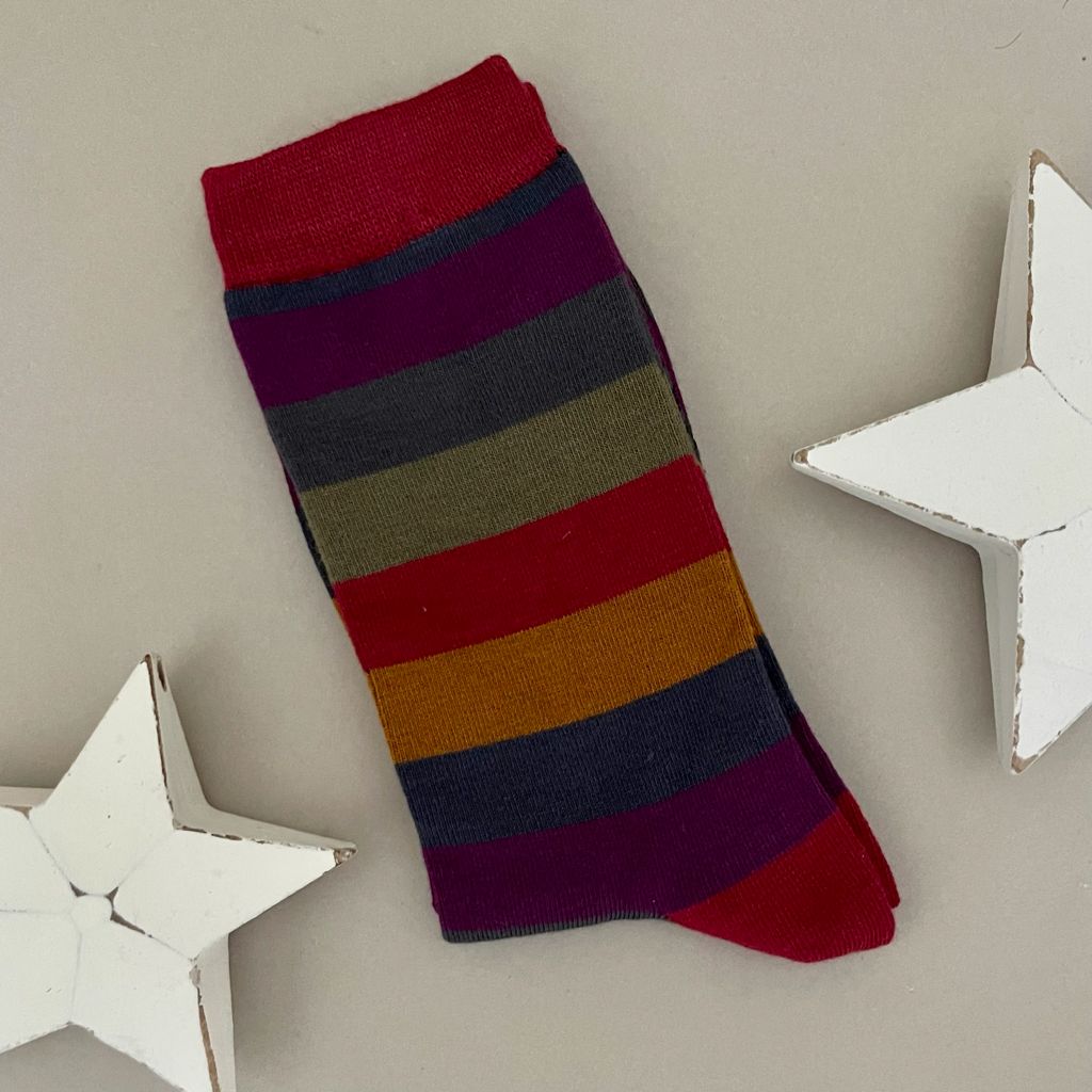 A single thick stripe sock with various dark colours of deep red, purple, grey, green & navy.
The sock is displayed on a neutral beige background with decorative white star cutouts.