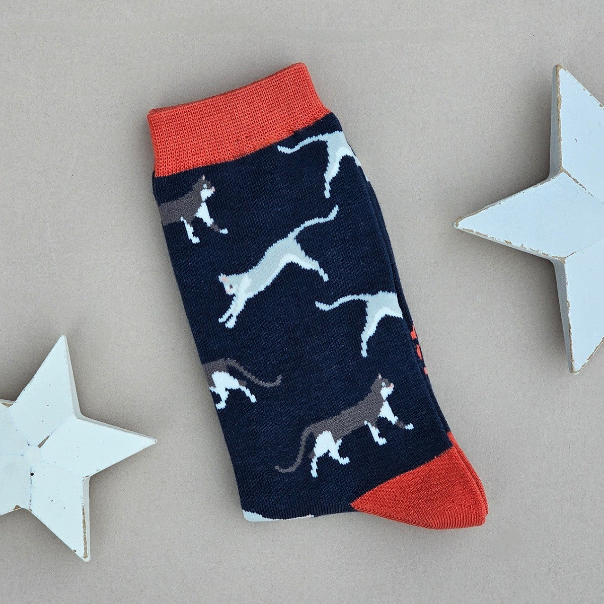 A single navy sock with an all-over pattern of black, white, and grey cats, featuring an red cuff and toe, displayed on a neutral grey background with white star-shaped props.