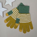 Pair of green and mustard striped gloves on a light grey background
