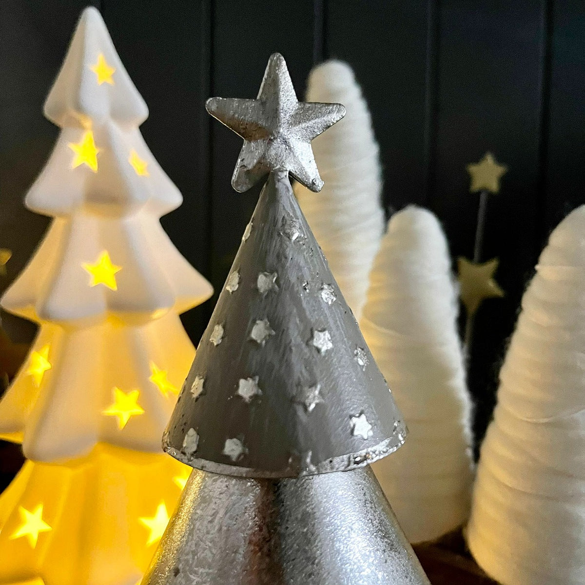 Metal Silver Cone Tree on Log Decoration