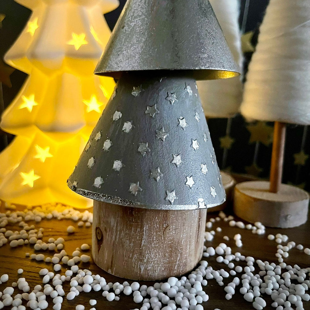 Metal Silver Cone Tree on Log Decoration