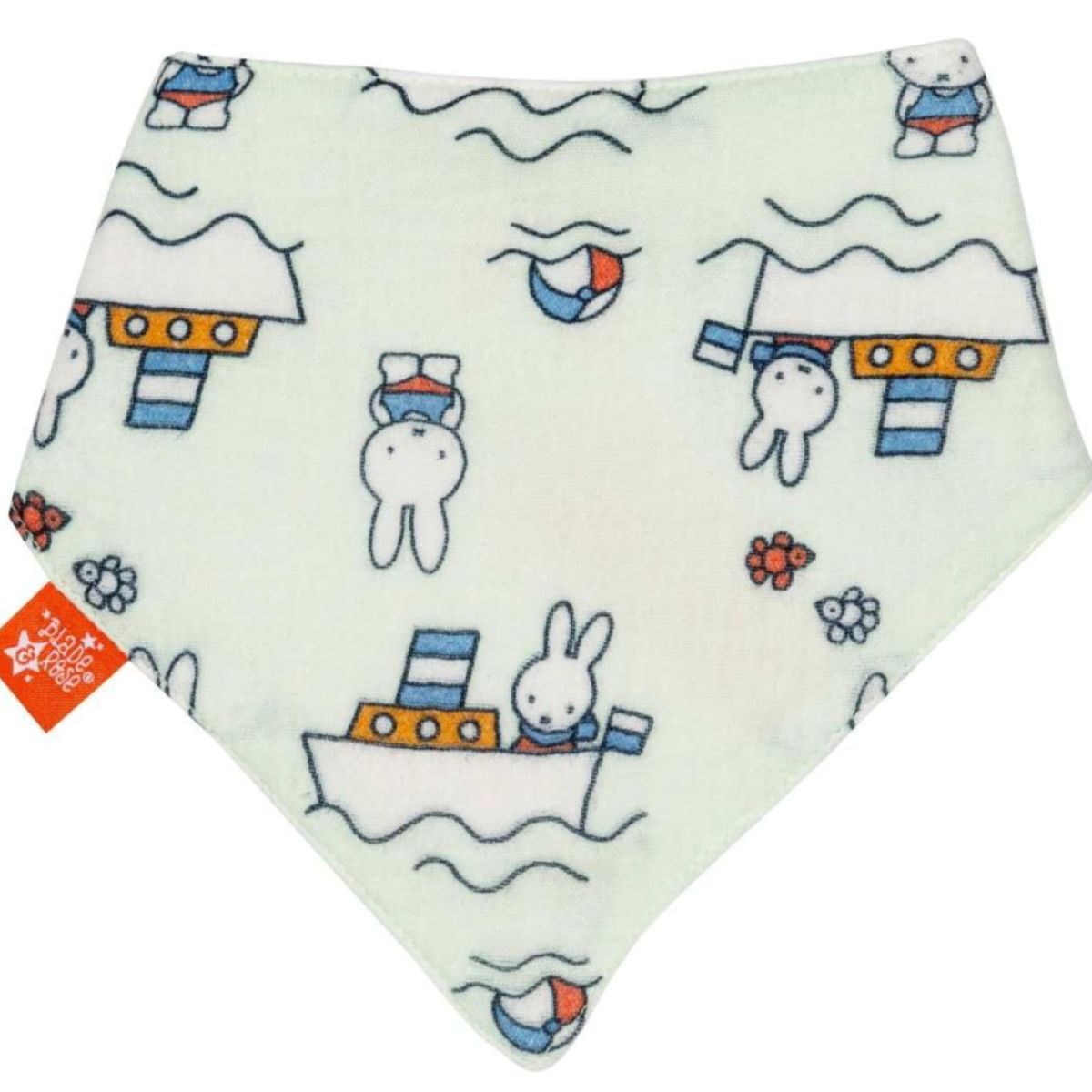 A triangular baby bandana bib made of soft fleece, featuring a white background with a colorful cartoon print of Miffy the rabbit, boats, and beach balls. A small orange tag is visible on the left edge.