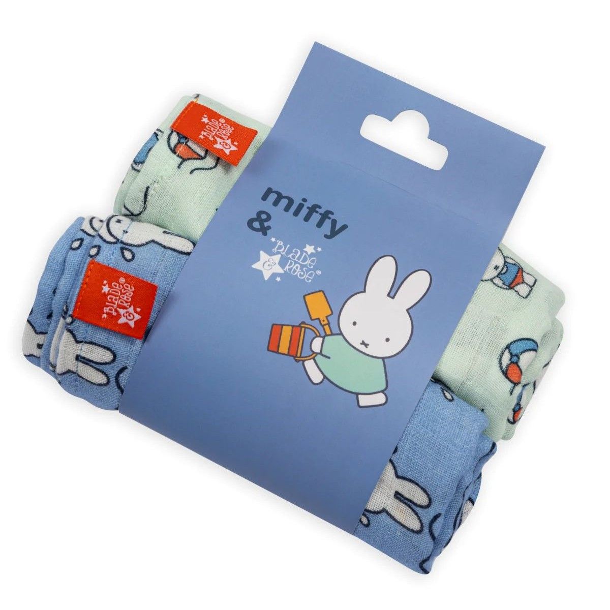 A packaged set of three folded baby muslin cloths in light blue and mint green, featuring a playful print of Miffy the bunny holding a toy. The set is presented on a blue cardboard hanger with the text 'miffy & play with us' and a red brand tag.