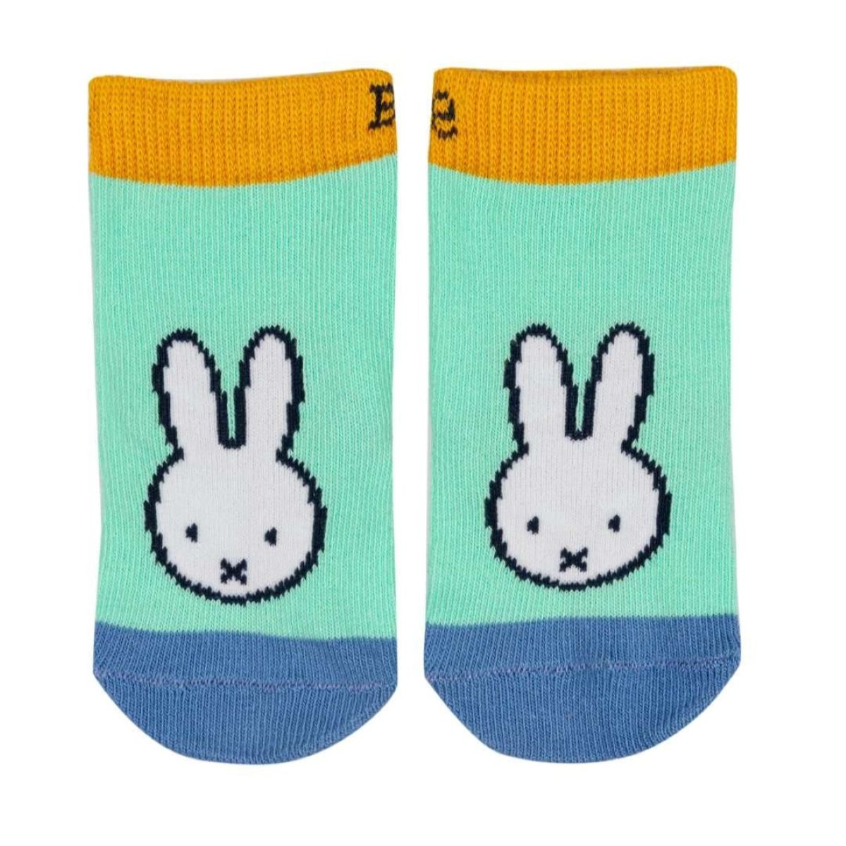 A pair of low-cut socks featuring a pixelated white bunny face on a mint green background, with a mustard yellow cuff and a blue toe and heel, shown on a plain white background.
