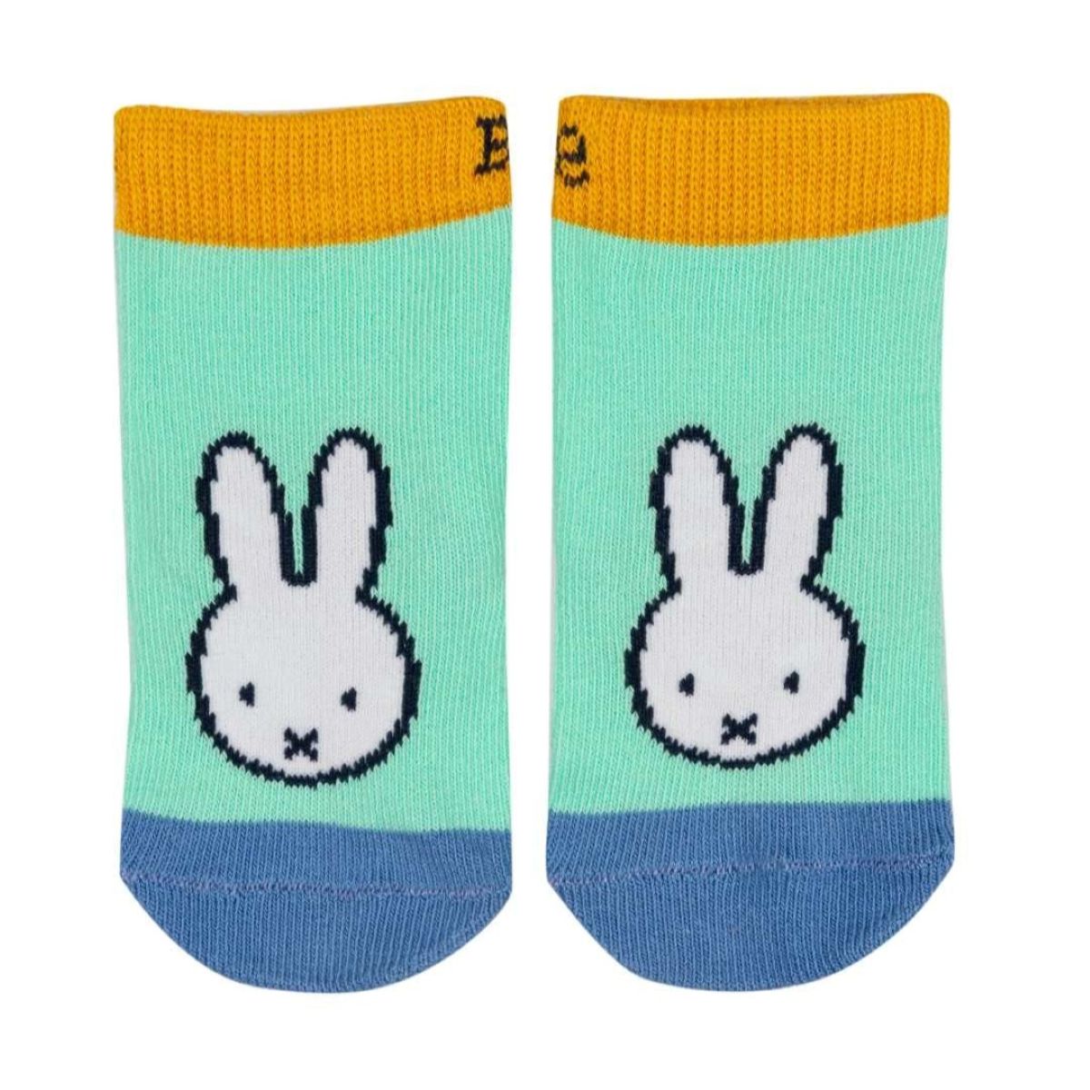 A pair of low-cut socks featuring a pixelated white Miffy bunny face on a mint green background, with a mustard yellow cuff and a blue toe and heel, shown against a plain white background.