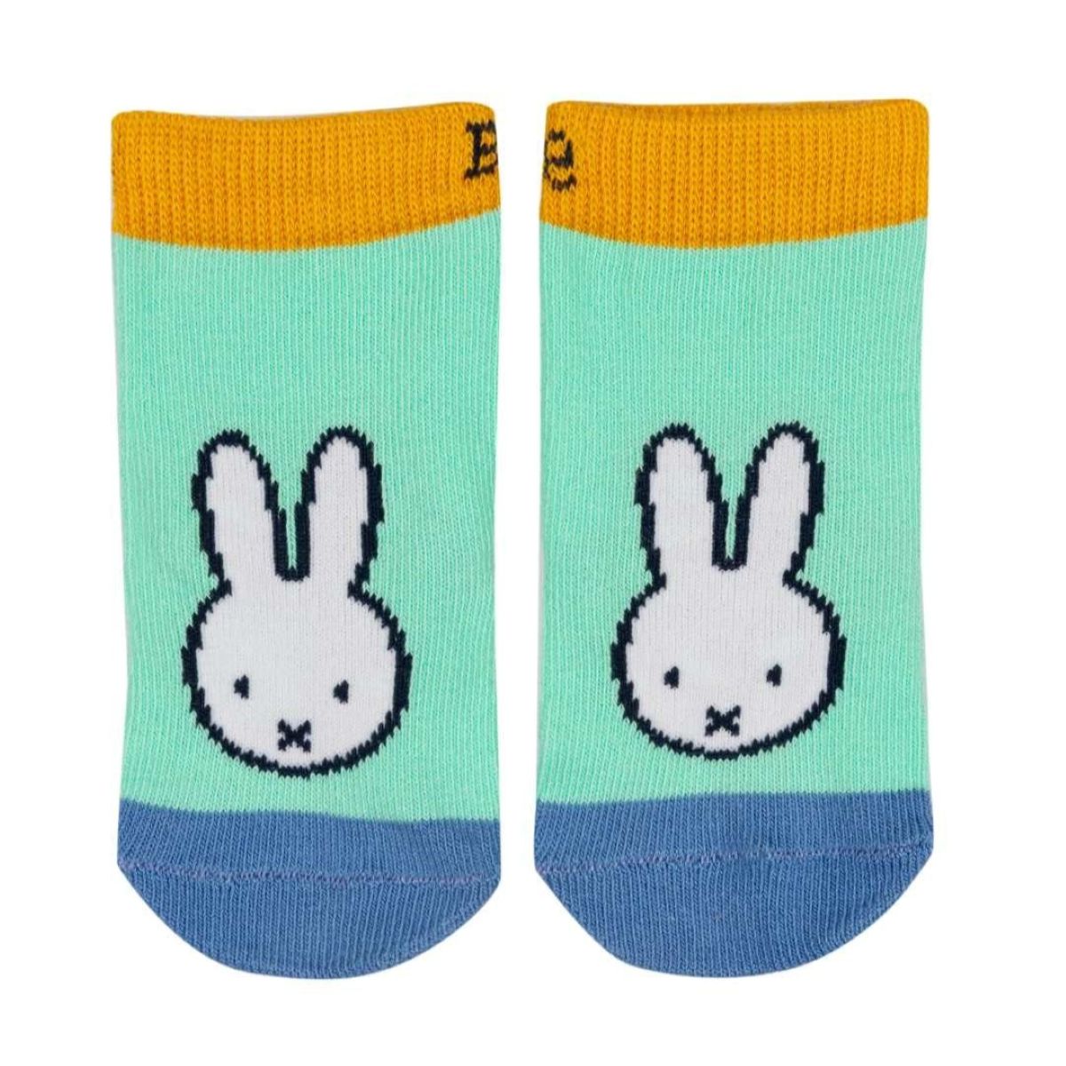 A pair of low-cut ankle socks featuring a pixelated white bunny face on a mint green background, with a mustard yellow cuff and a blue toe, shown on a plain white background.