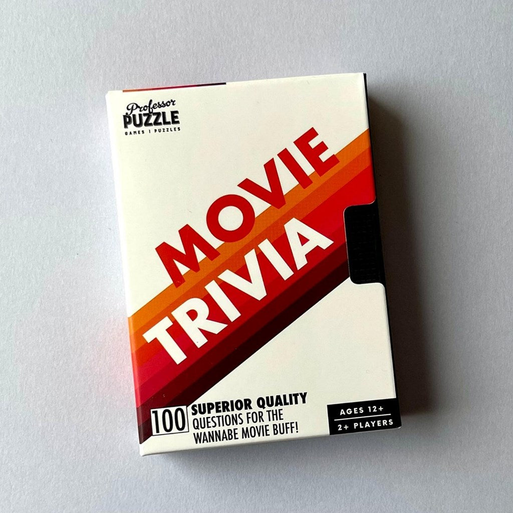 Movie trivia game box with red and orange design on grey background