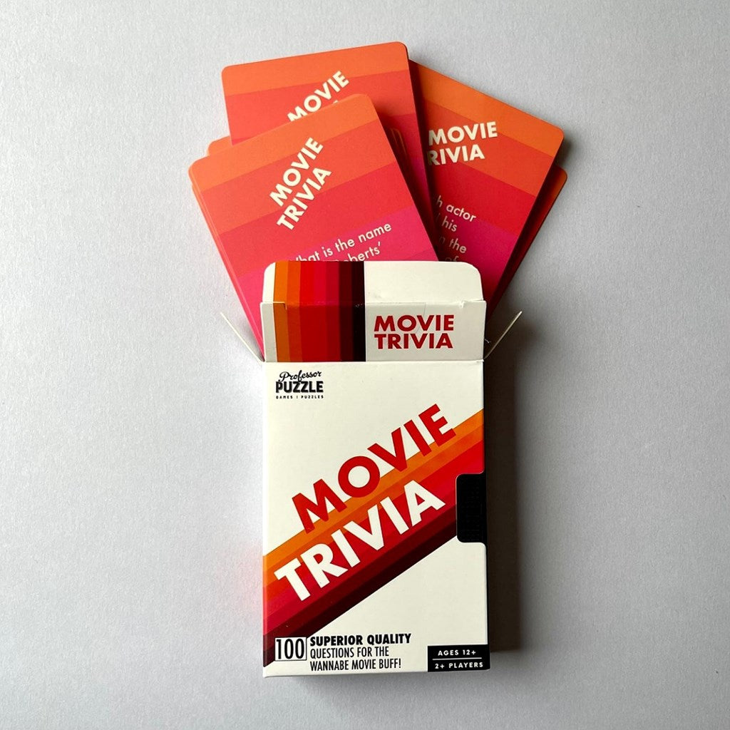 Movie trivia cards with packaging on a grey background