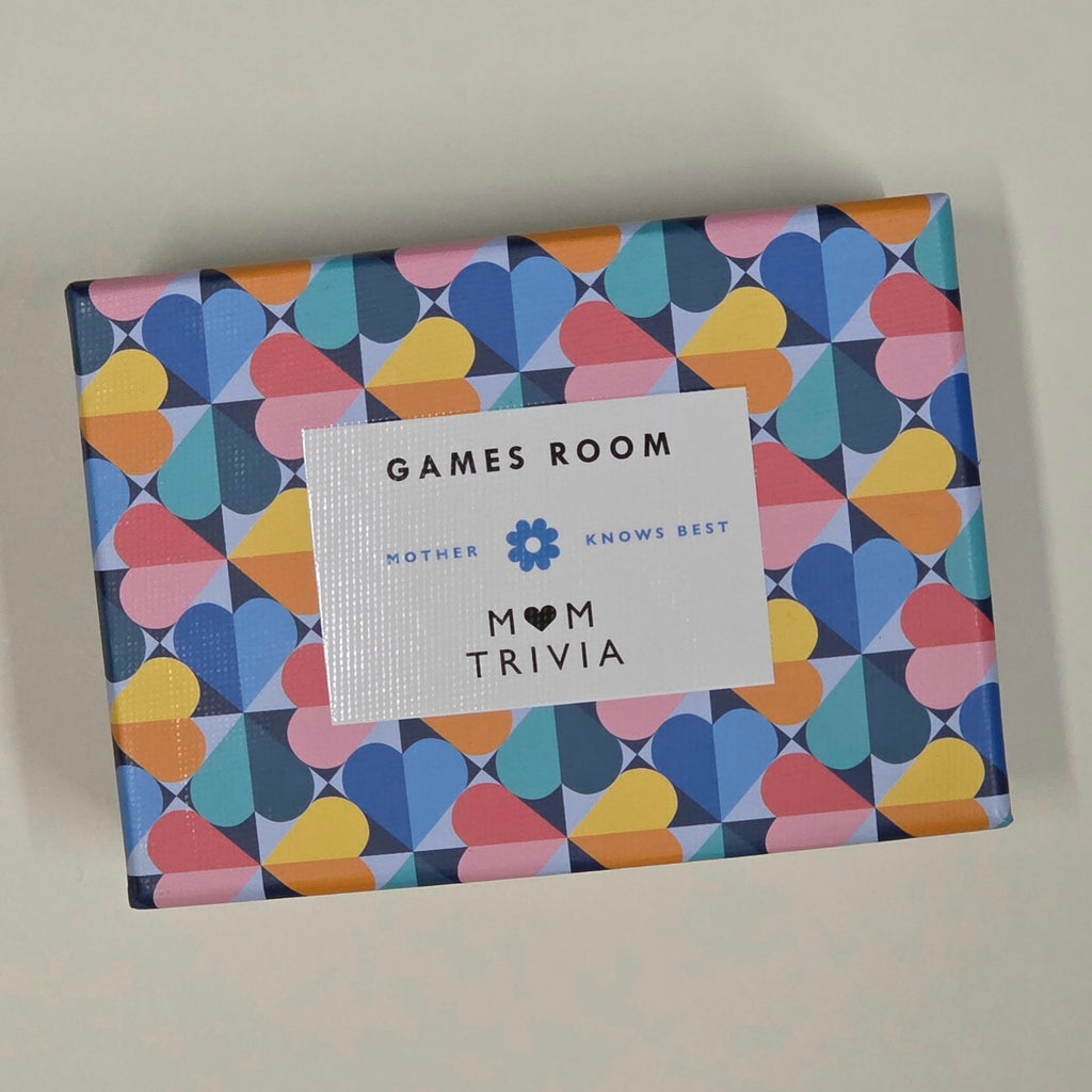Colorful box with geometric pattern and text on a light grey background