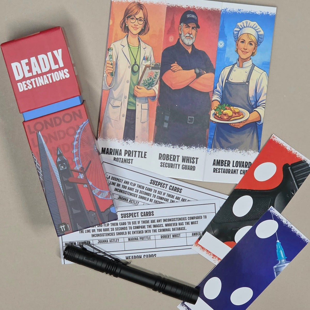 A flat-lay of a 'Deadly Destinations' mystery dining game set on a neutral beige surface. The set includes a red and blue box, illustrated character cards, suspect cards, a black pen, and a blue and white die.