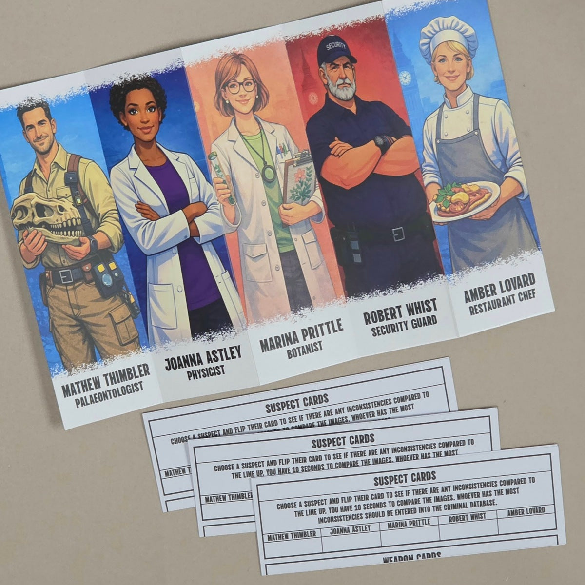 A printed illustrated character card set laid on a beige surface, showing five character portraits with names beneath them and several smaller text cards below. The cards appear to be the product itself rather than an instruction sheet or lifestyle scene.