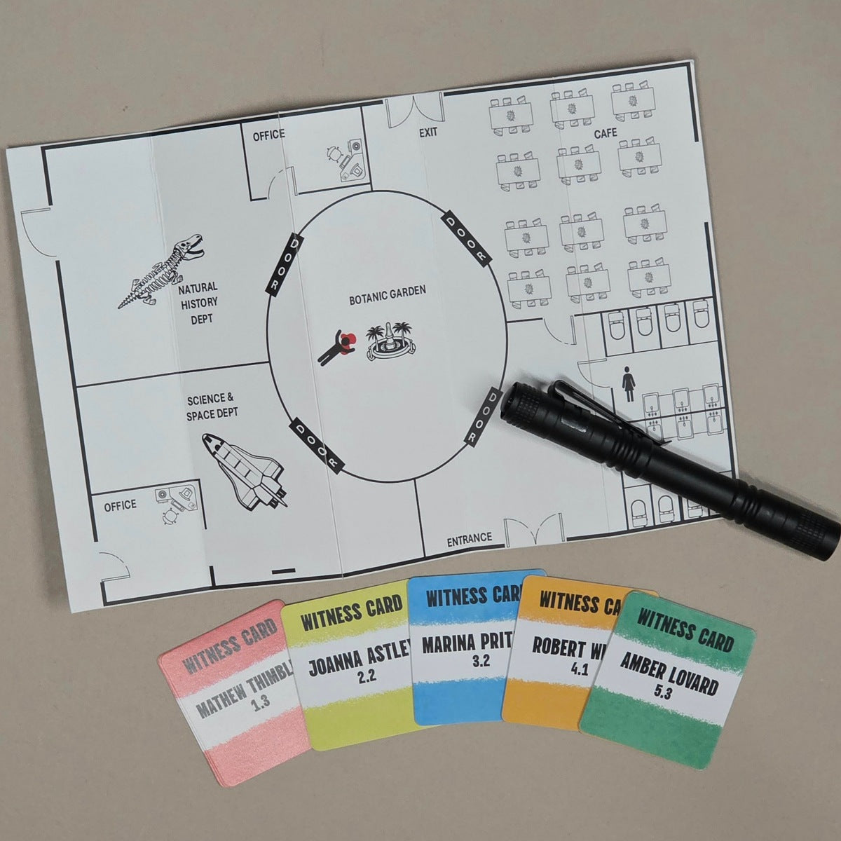 A tabletop game board labeled 'Botanic Garden' with black line drawings of rooms, exits, and objects, plus several colorful witness cards laid in front and a black pen resting on the board.