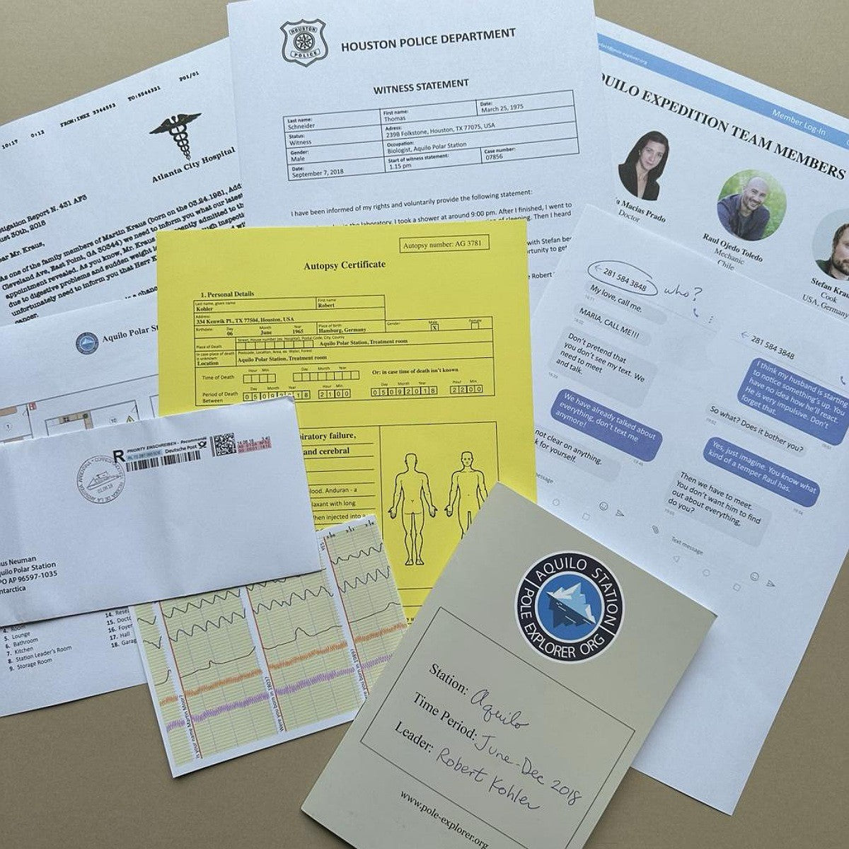 Collection of documents including a witness statement, antepartum certificate, and expedition team member list on a brown surface.