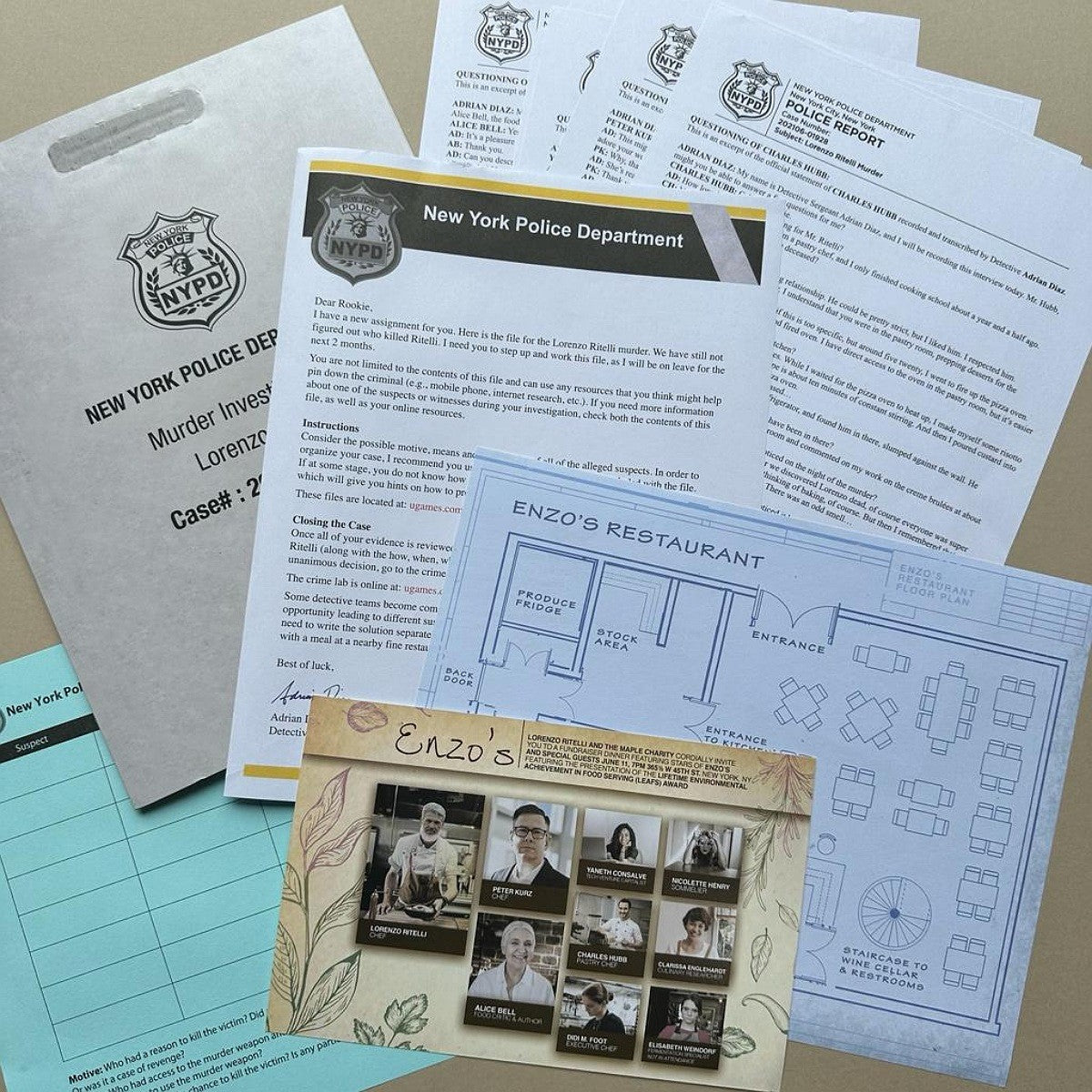 New York Police Department documents and Enzo's Restaurant floor plan on a beige background.
