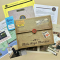 Crime investigation-themed party case files with various documents and a 'TSA Notepad' on a beige background.