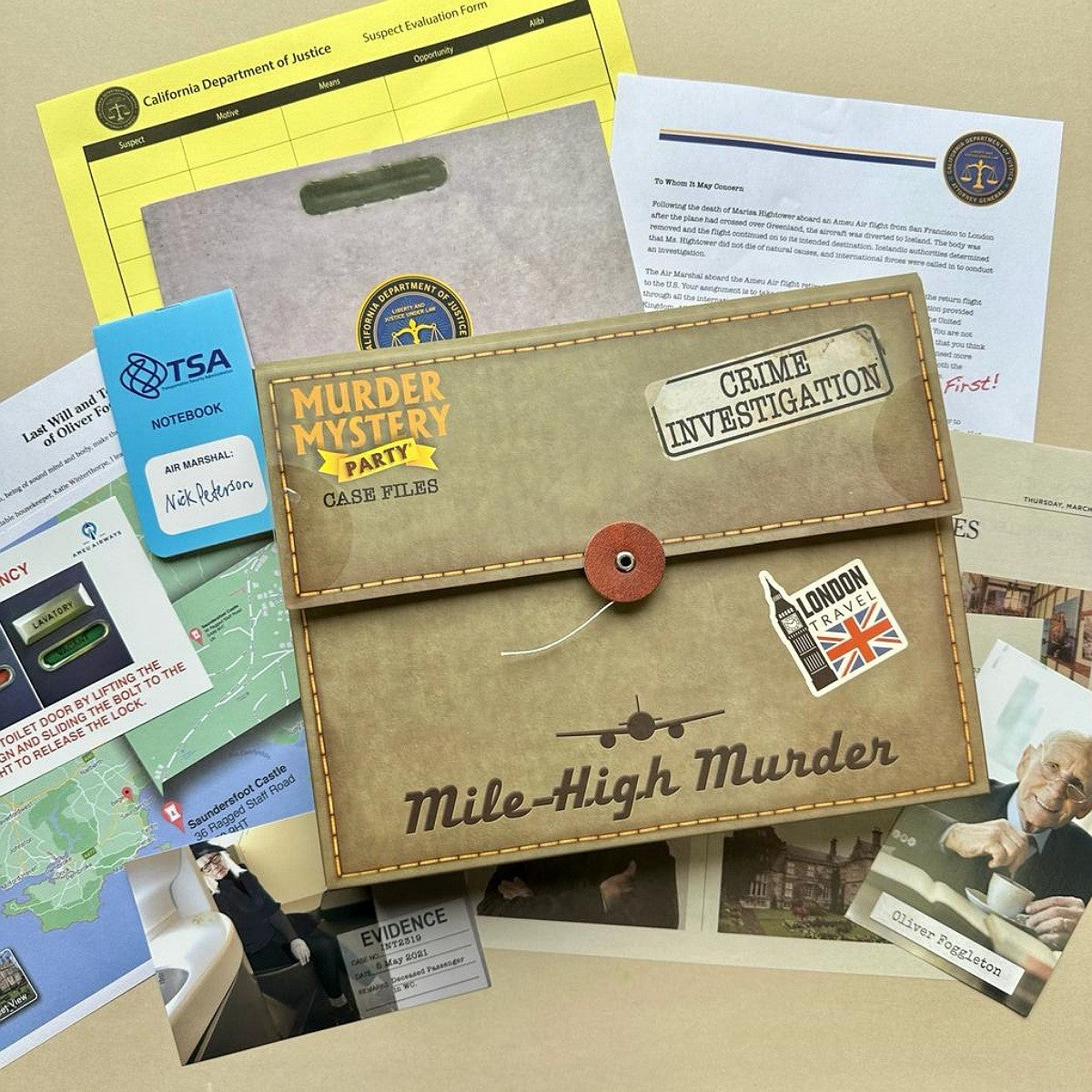 Crime investigation-themed party case files with various documents and a 'TSA Notepad' on a beige background.