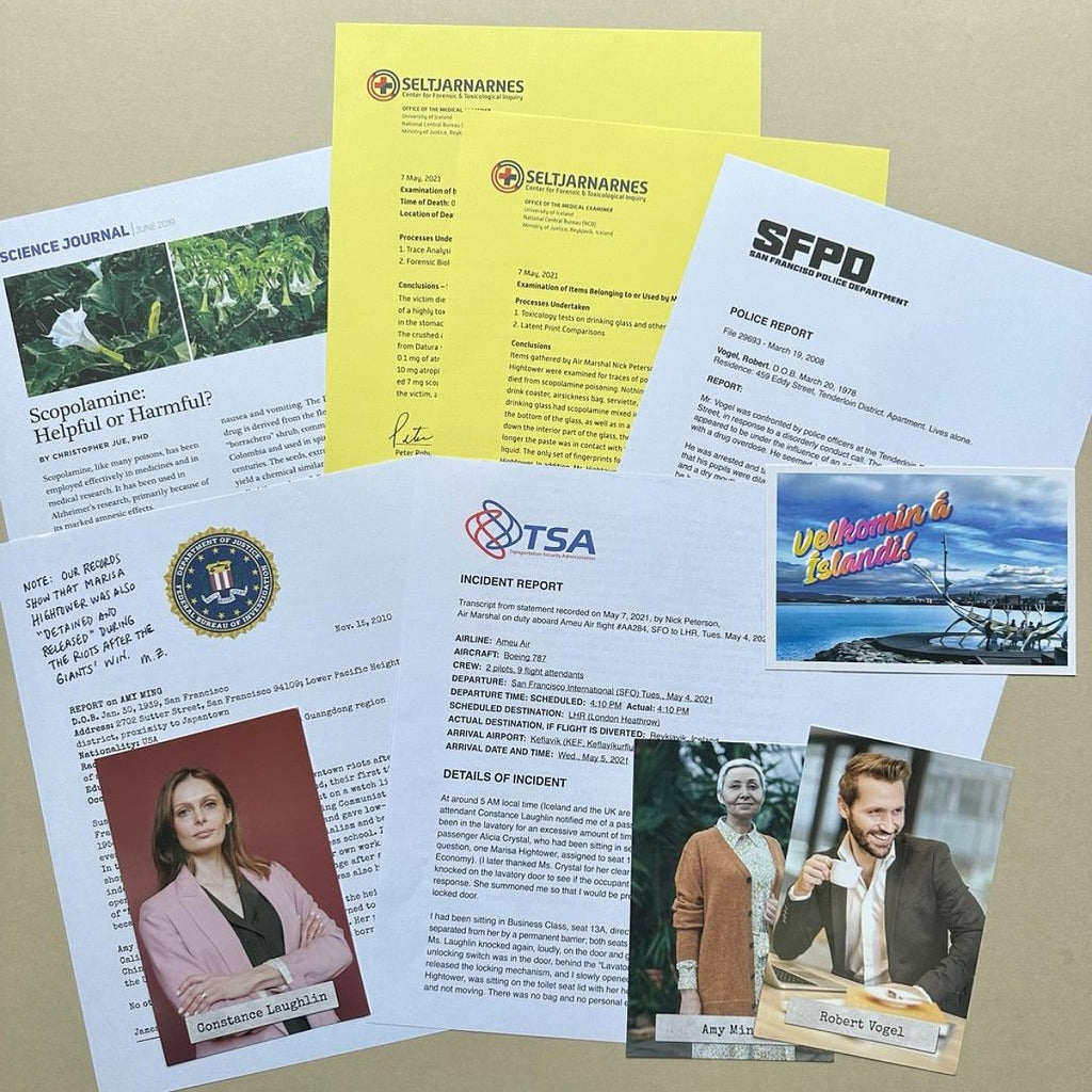 Collection of documents and a postcard on a beige background