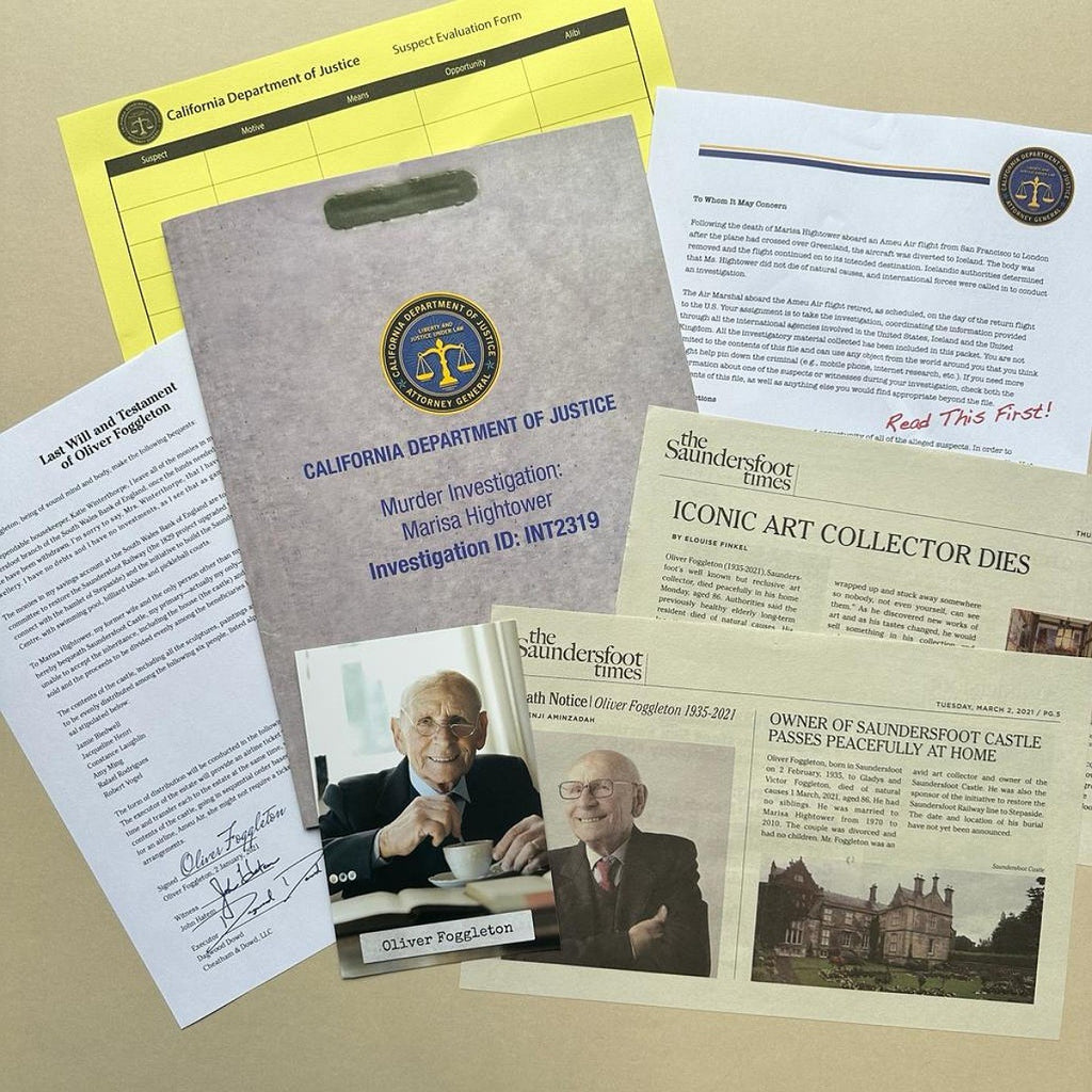 Collection of documents and materials related to a murder investigation by the California Department of Justice, including letters, a newspaper clipping, and an envelope.
