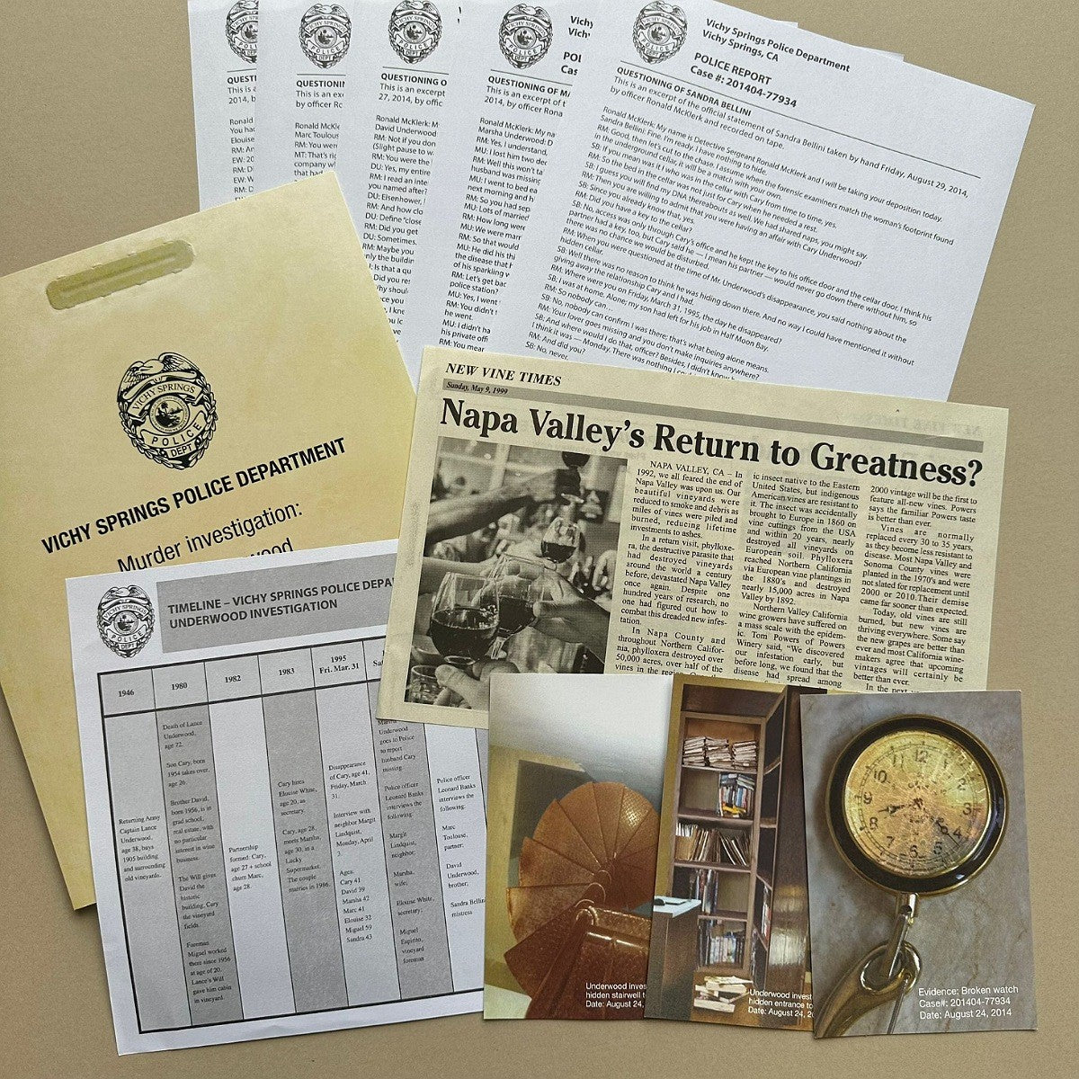 Collection of documents and items related to a police investigation and Napa Valley newspaper article on a beige background.
