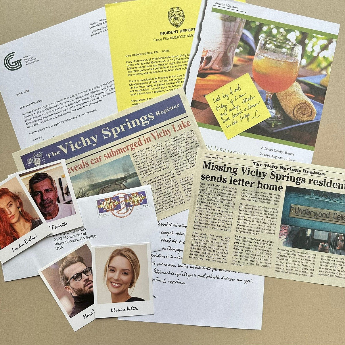 Collection of newspaper clippings and photos on a surface