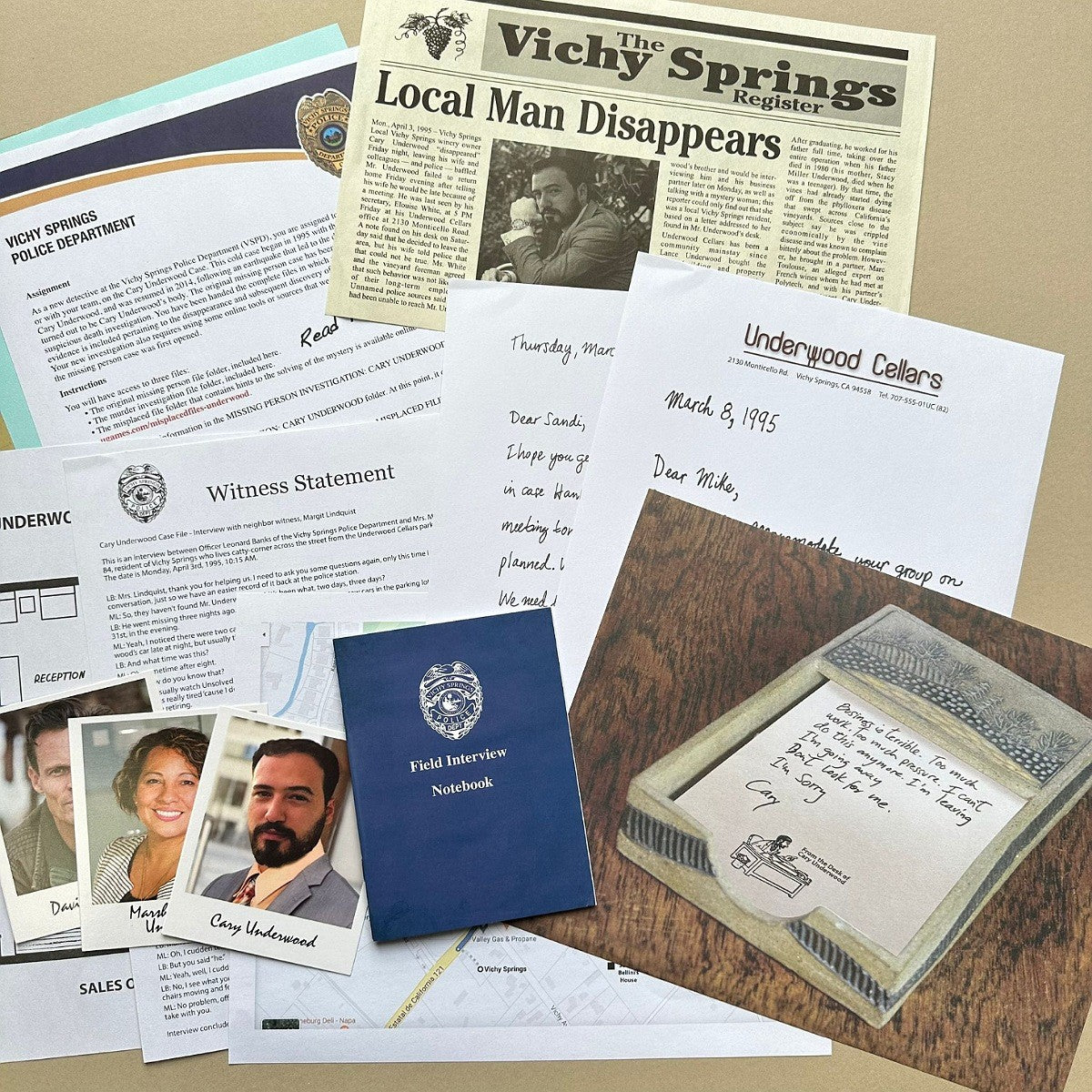 Collection of documents and items related to a missing person case at Vichy Springs.