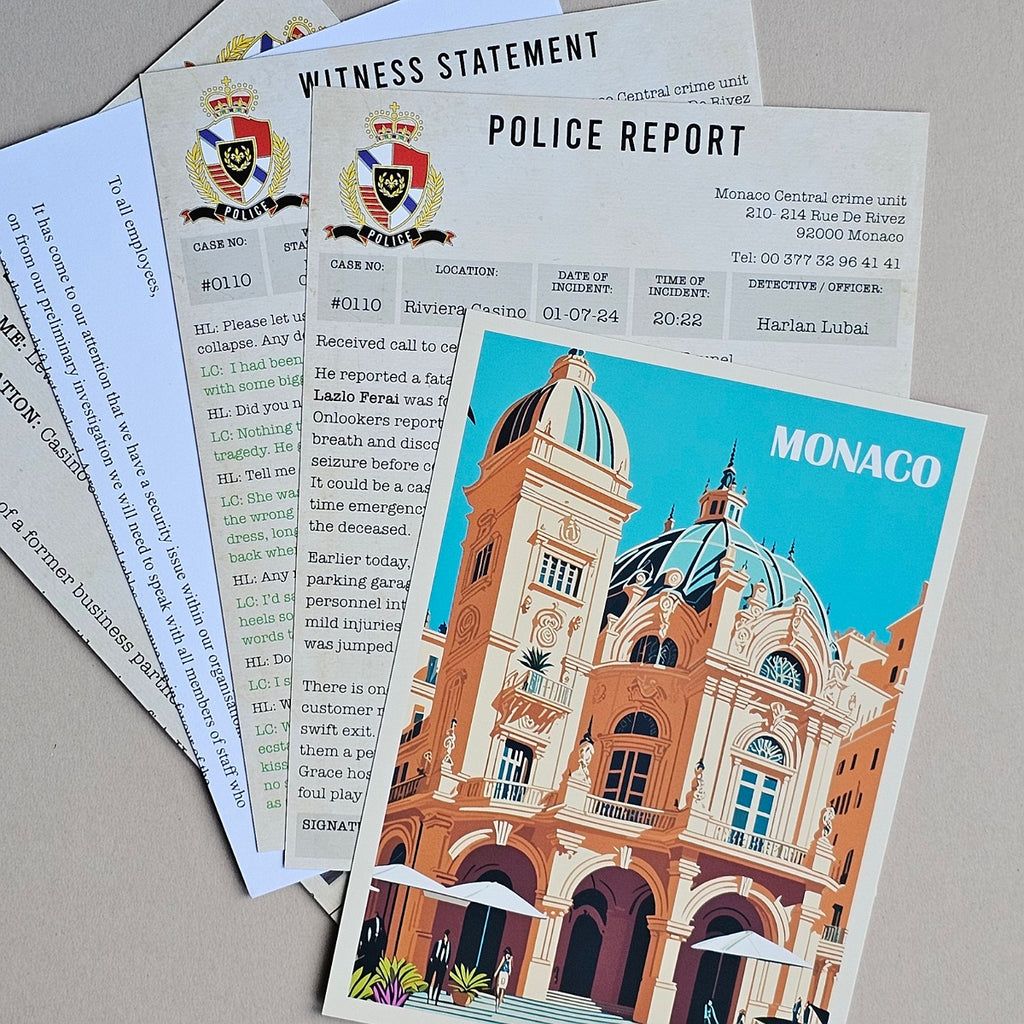A stack of printed documents and a colorful illustrated card featuring a building labeled MONACO, photographed on a light neutral surface.
