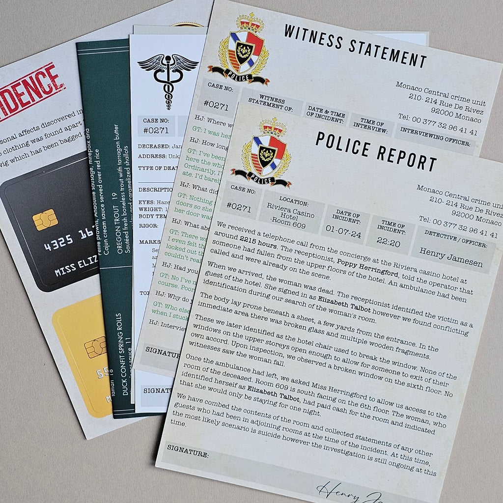 A set of novelty or prop documents, including a 'Witness Statement' and 'Police Report' template with a police badge, a credit card replica, and a dark green medical record folder, arranged on a white background.