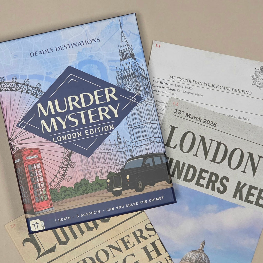 A boxed game or puzzle titled "Murder Mystery London Edition" lies on top of printed case-files and newspaper clippings. The box features illustrated London landmarks, a red phone, a black cab, and the text "Deadly Destinations" and "Murder Mystery London Edition.