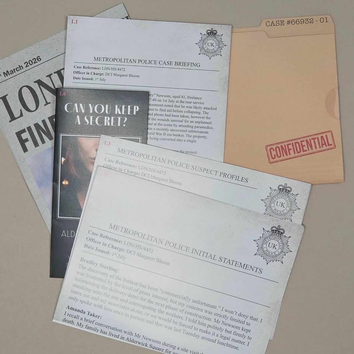 A styled flat-lay of fictional Metropolitan Police case files and related documents, including a suspect profiles sheet, an initial statements page, a confidential stamp, a briefing note, and a newspaper page.