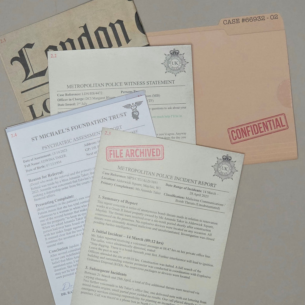A set of vintage-style document papers and envelopes, including a Metropolitan Police witness statement, an incident report stamped 'FILE ARCHIVED', and a confidential envelope, arranged on a light surface.