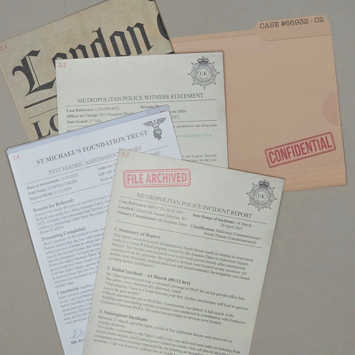 A set of vintage-style document papers and envelopes, including a Metropolitan Police witness statement, an incident report stamped 'FILE ARCHIVED', and a confidential envelope, arranged on a light surface.