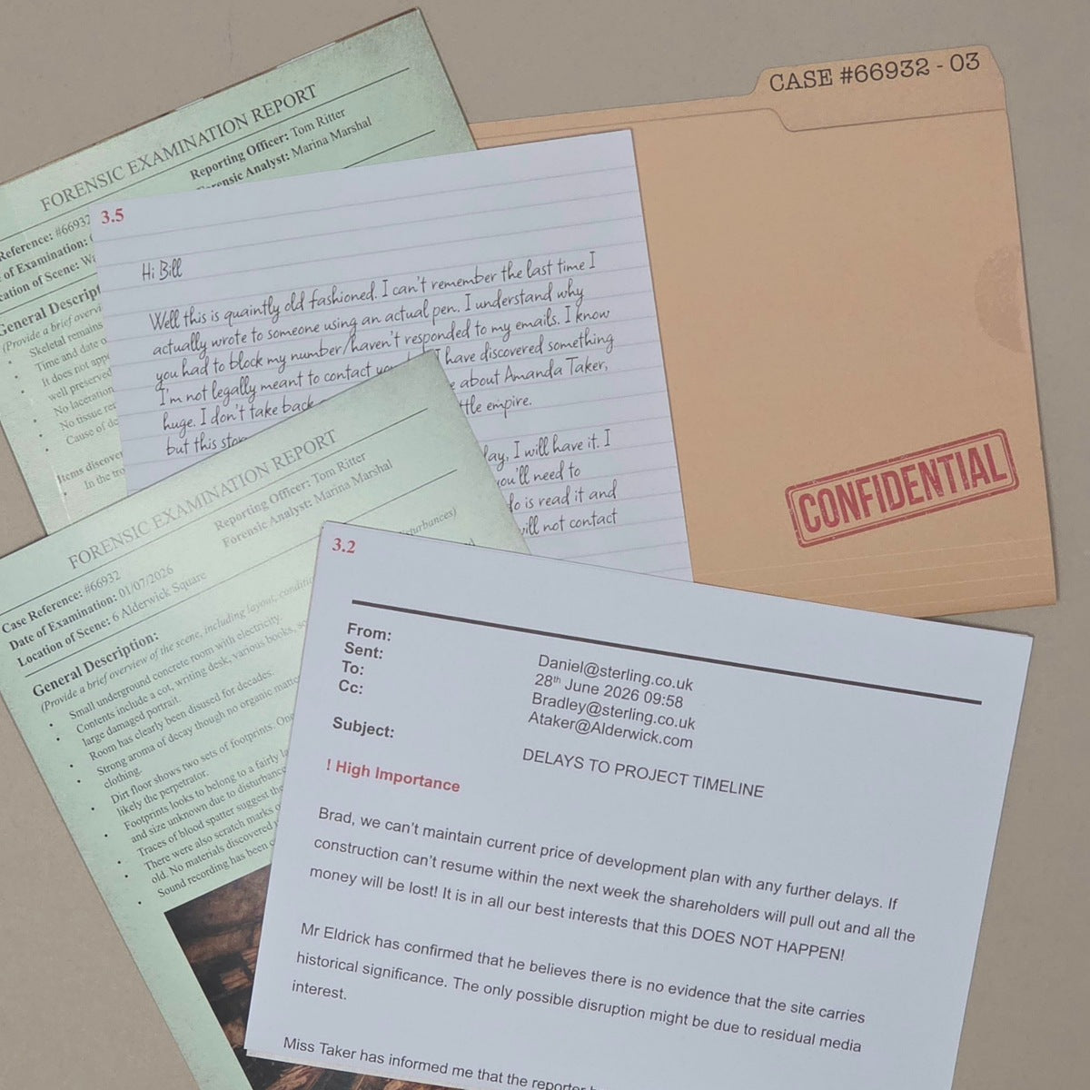 A close-up flat lay of several documents and envelopes, including a white letterhead card, handwritten notes, a pale green forensic examination report page, and a tan envelope with a red CONFIDENTIAL stamp.