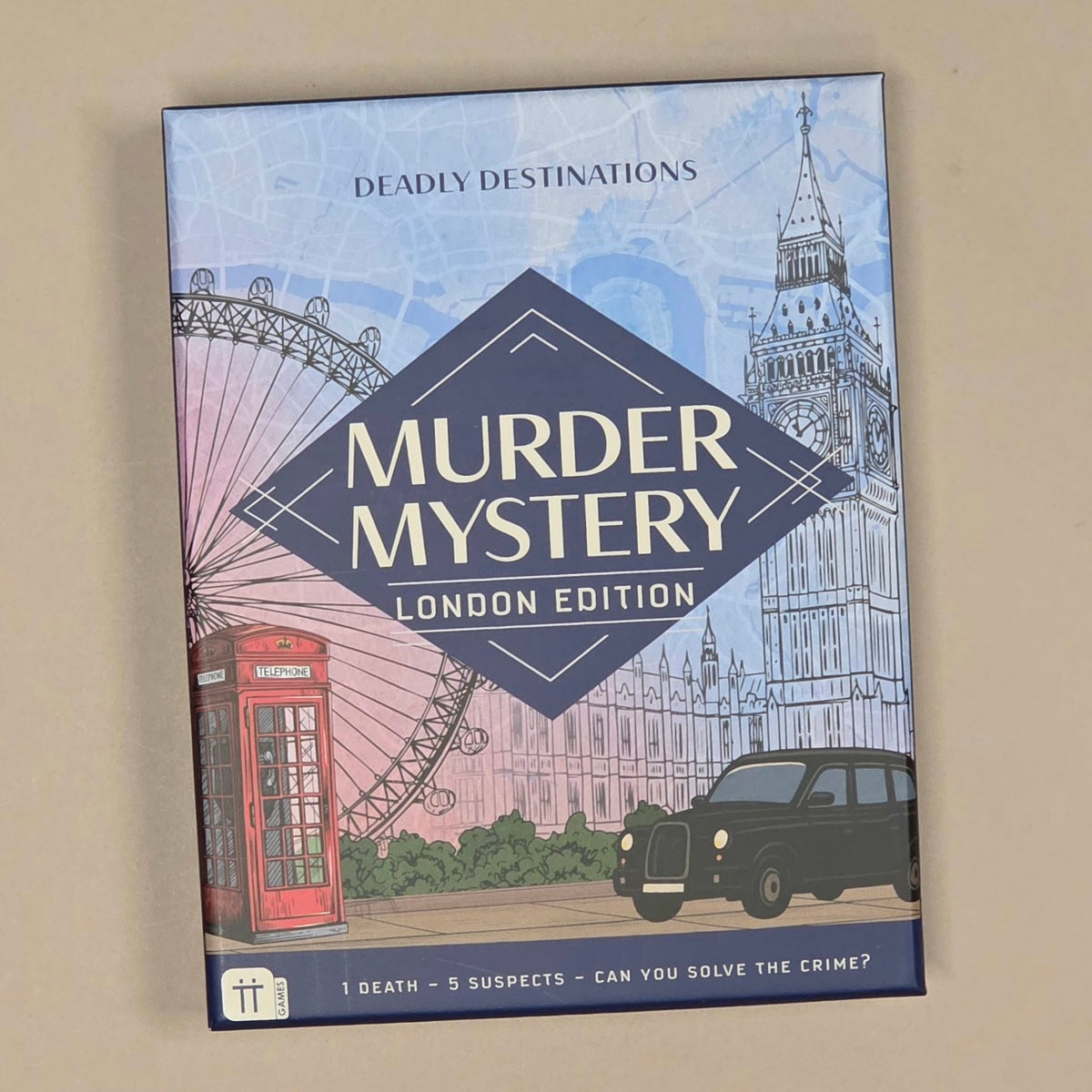 The front cover of the board game 'Deadly Destinations: Murder Mystery London Edition' is shown against a plain beige background. The cover features a stylized illustration of London landmarks, including Big Ben, the London Eye, a red phone booth, a black cab, and a large dark blue diamond in the center with the title in white text.