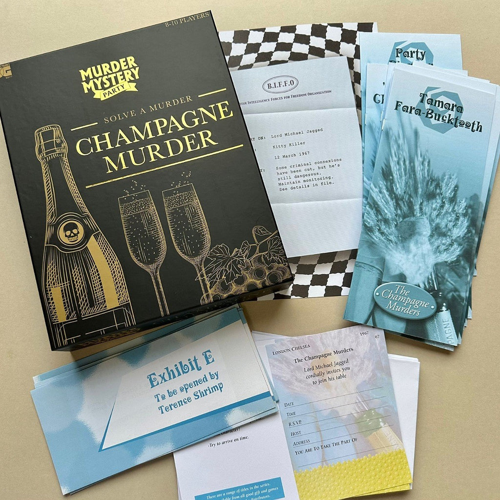 Collection of 'Champagne Murder' mystery party items including a book and cards on a cream background.