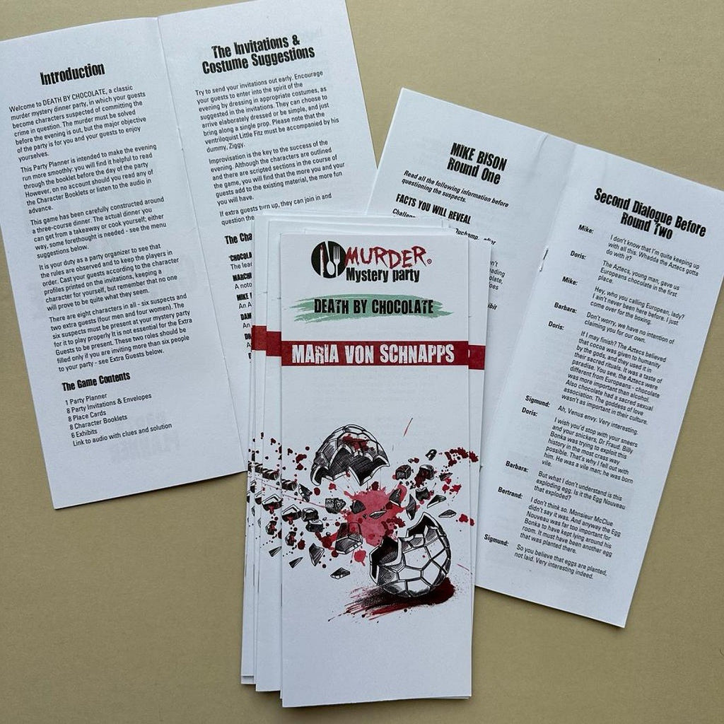 Set of Murder Mystery party invitations and scripts on a beige background