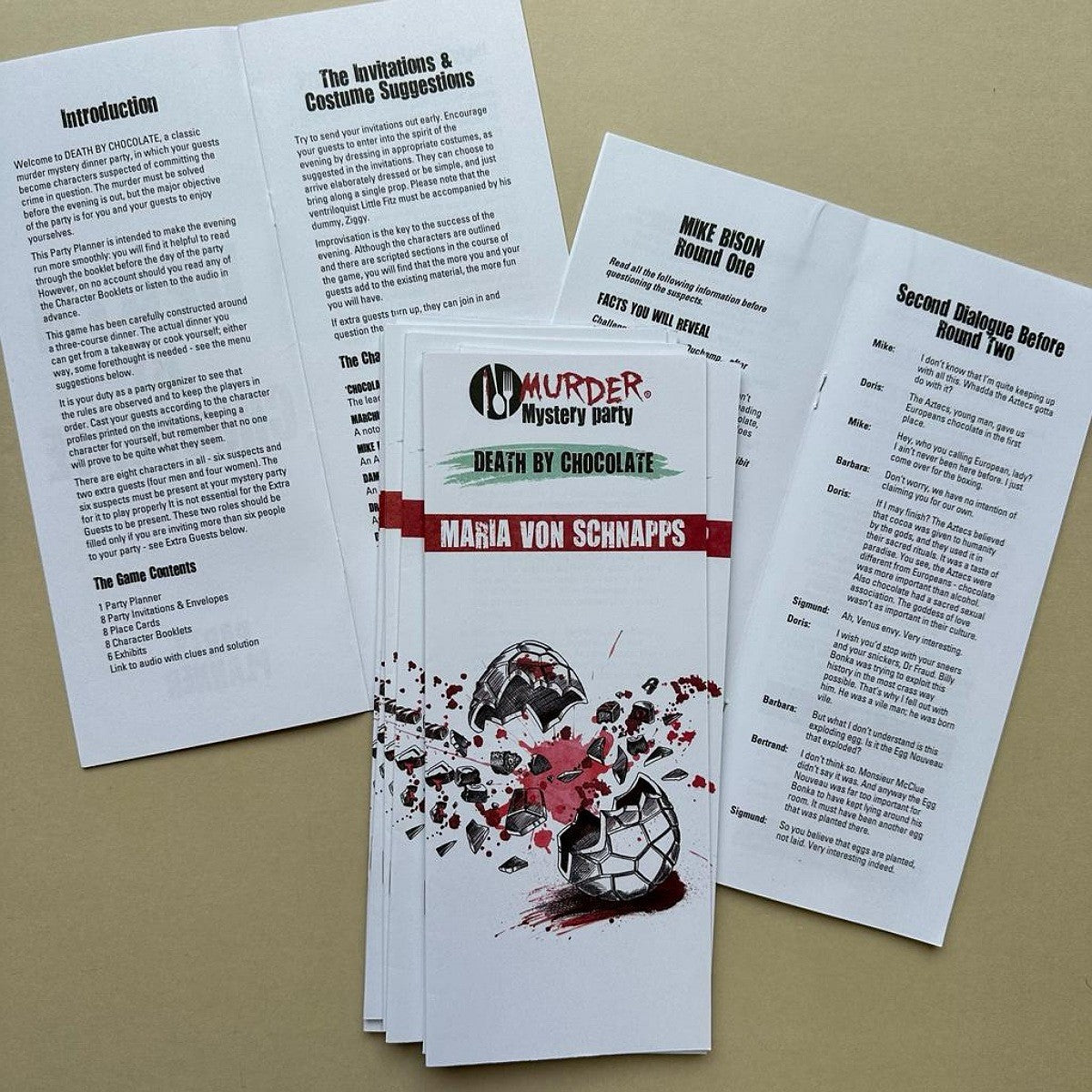Set of Murder Mystery party invitations and scripts on a beige background