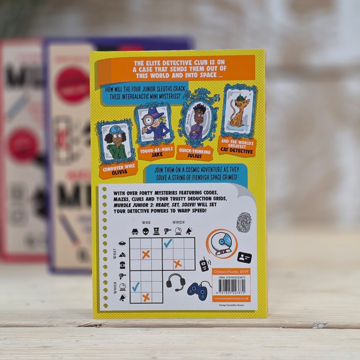Back of book showing example of puzzles on a wooden surface and blurred background