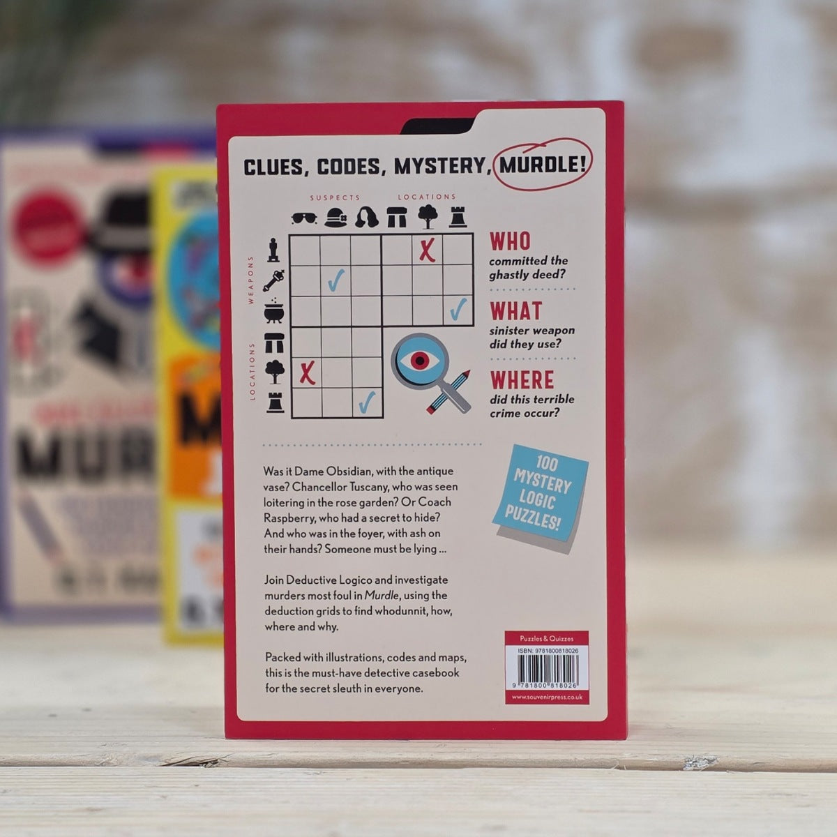 Back cover of a book titled 'Clues, Codes, Mystery, Murdle!' with text and graphics on a wooden surface.