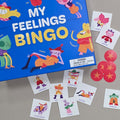 My Feelings Bingo game set with cards and markers on a table