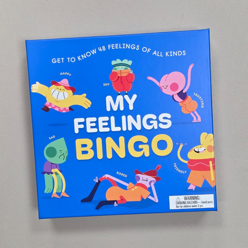My Feelings Bingo game box with colorful characters on a grey background