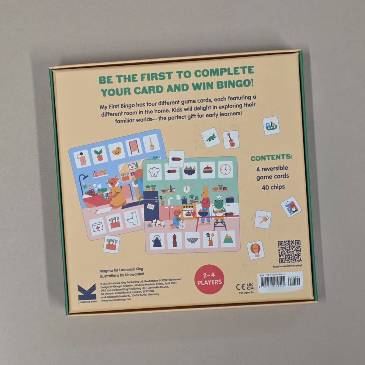 Back of a children's bingo game box with illustrations and text on a beige background