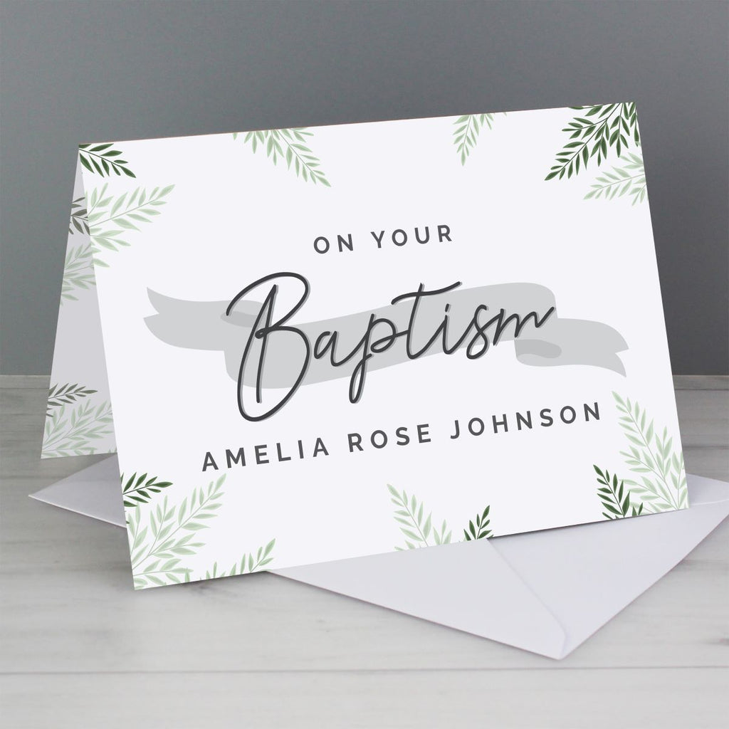 Greeting card with 'On Your Baptism' text and decorative elements on a gray background