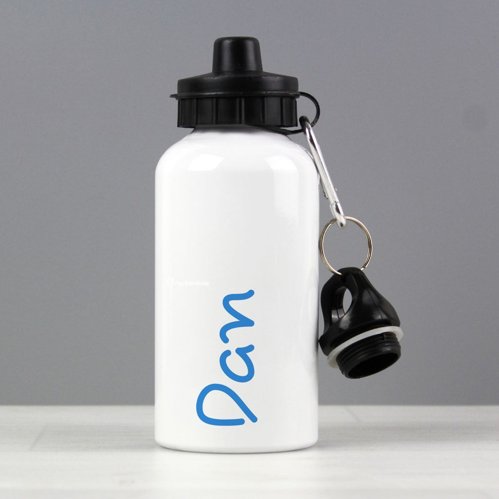 White water bottle with black cap and blue name on a gray background