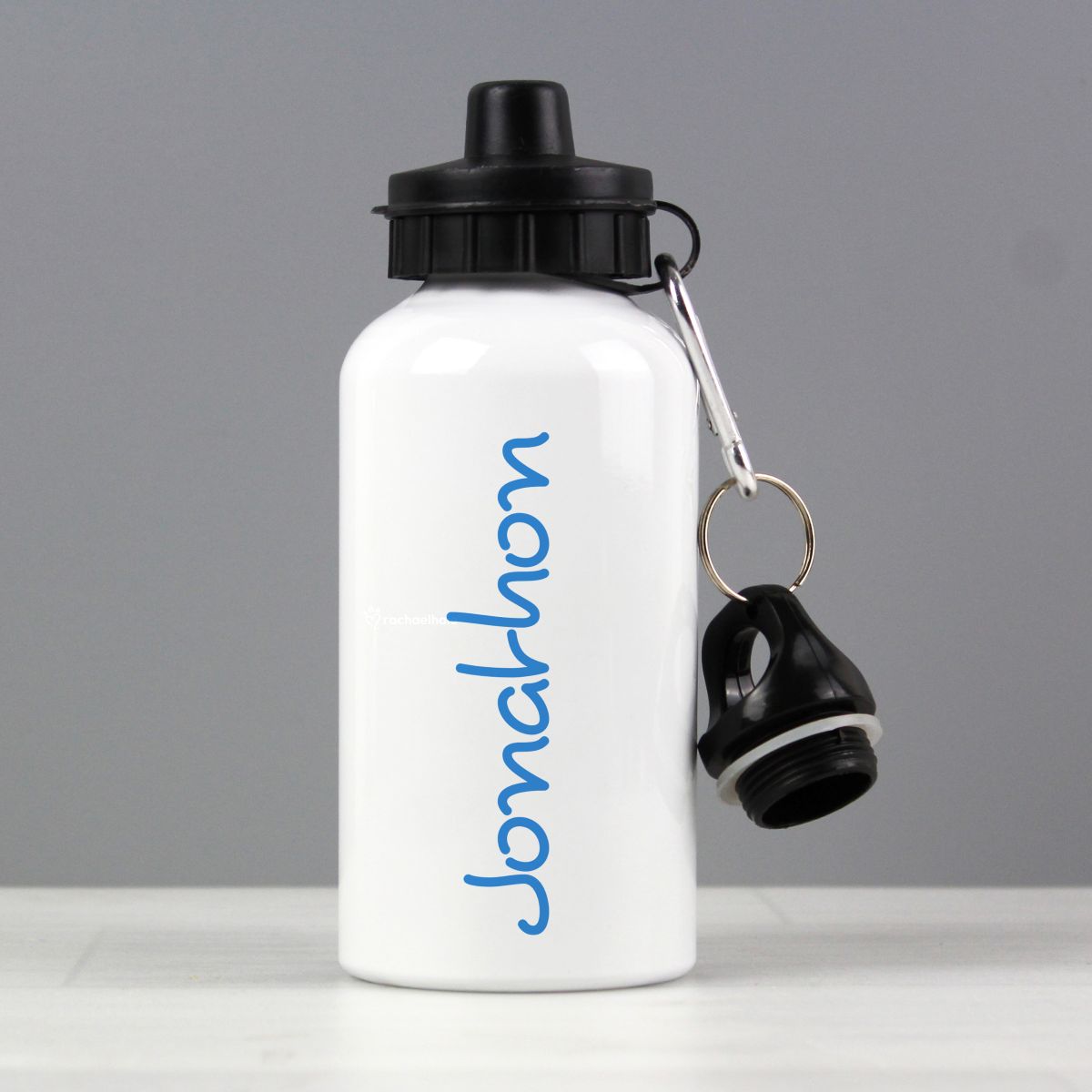White water bottle with black cap and 'Jonathon' printed on it, against a gray background