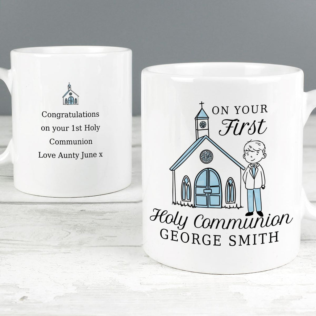 Two white mugs with personalized designs for a first Holy Communion celebration.