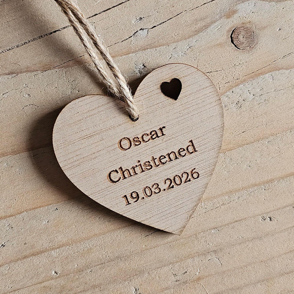 Personalised Christening Hanging Heart Decoration Card