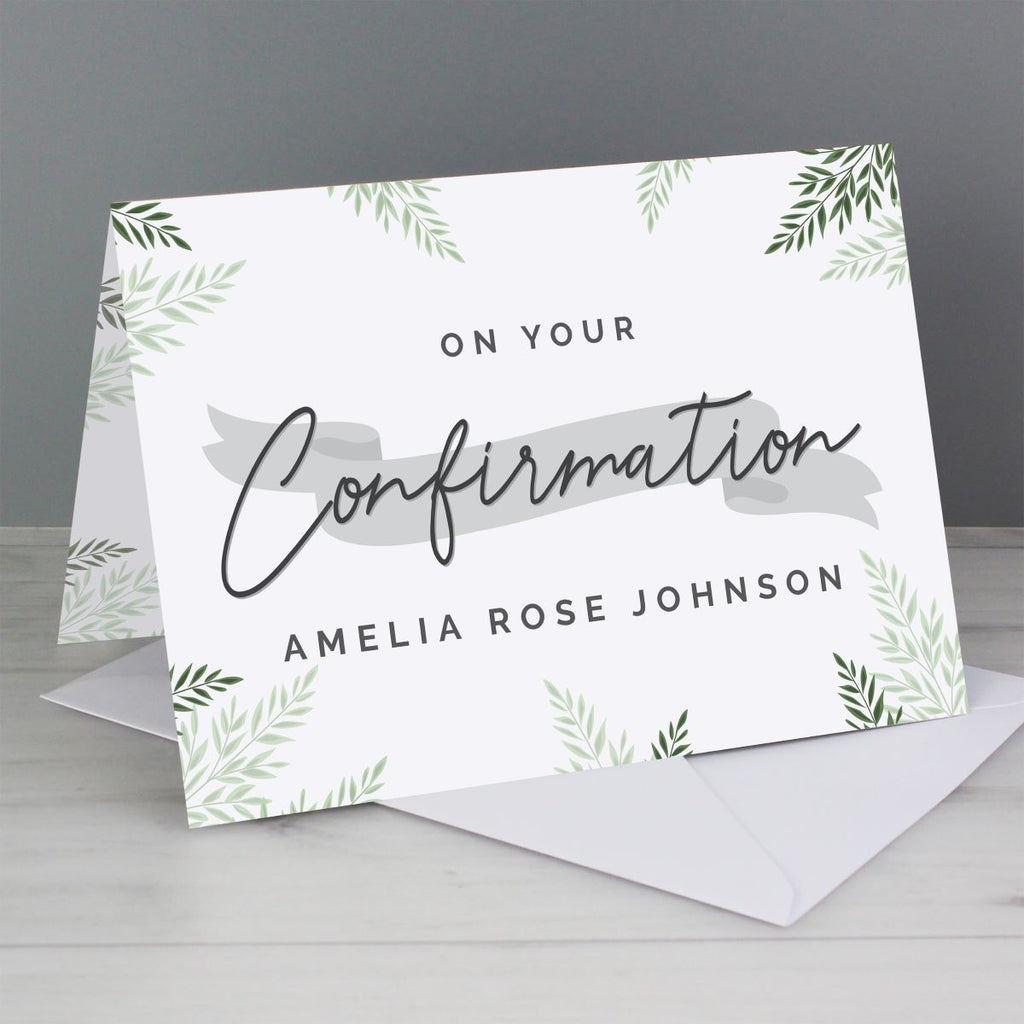 Greeting card with 'On Your Confirmation' text and green leaf patterns on a gray background
